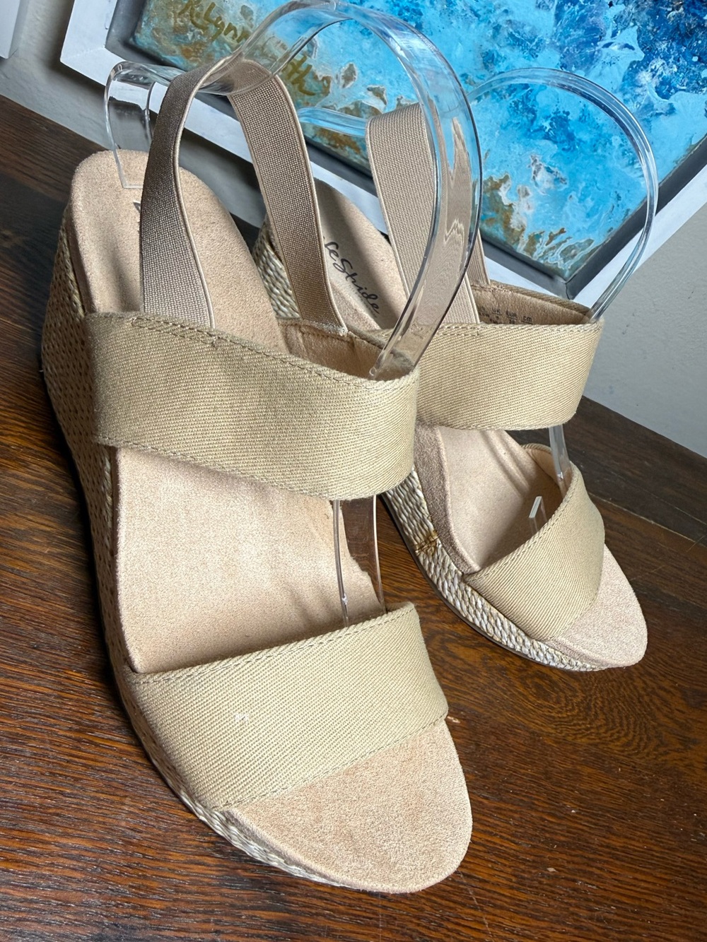 Life Stride Delta Tan Bone Suede Comfort Elastic-Strap Espadrille Wedge Sandals